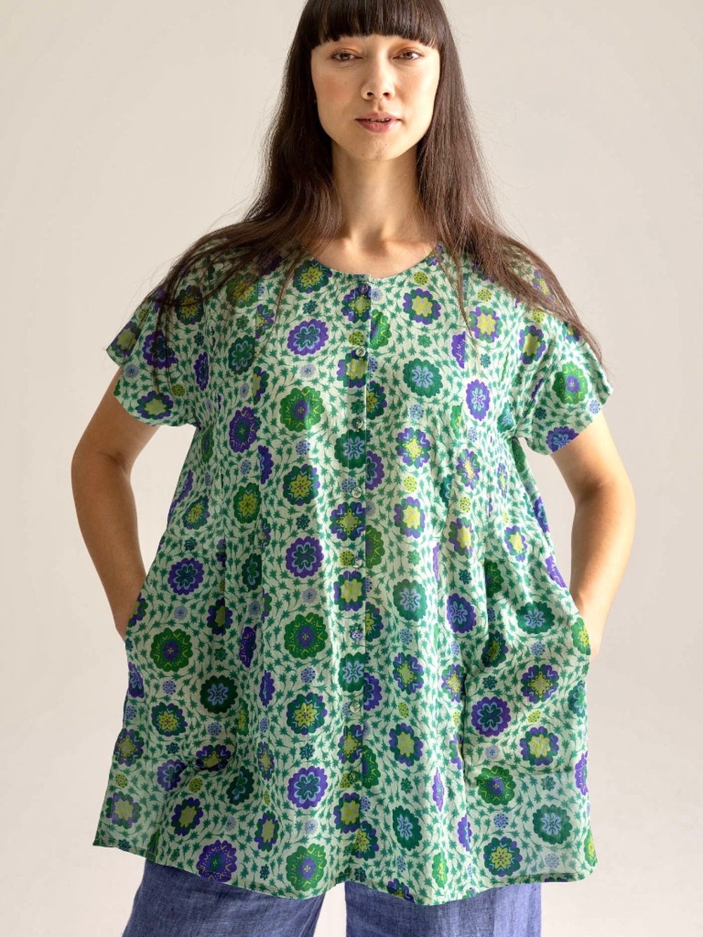 GUDRUN SJODEN Organic Cotton 'Suzani' Short Sleeve Button Tunic - L - Picture 2 of 12